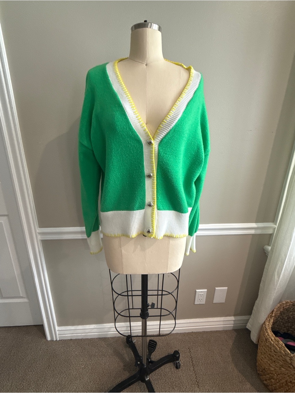 Green V-Neck Button Cardigan with White & Yellow Trim